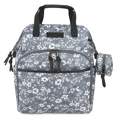 Baby Essentials Super Cooler Main Frame Dual Zipper Closure Diaper Bag Backpack Tote with Matching Changing Pad, Insulated Bottle Pockets, Stroller Straps and Pacifier Pouch in Grey Floral, 11 pockets