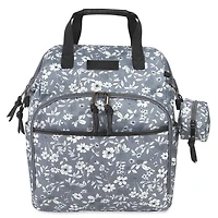 Baby Essentials Super Cooler Main Frame Dual Zipper Closure Diaper Bag Backpack Tote with Matching Changing Pad, Insulated Bottle Pockets, Stroller Straps and Pacifier Pouch in Grey Floral, 11 pockets