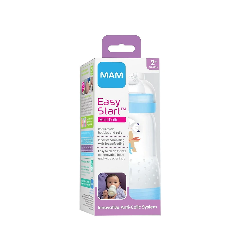 Biberon anti-coliques MAM Easy Start 260 ml (1 unité), produits essentiels pour bébé, biberons à débit moyen avec tétine en silicone, biberons pour bébé garçon