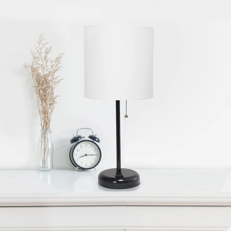LimeLights Black Stick Lamp with Charging Outlet and Fabric Shade, White
