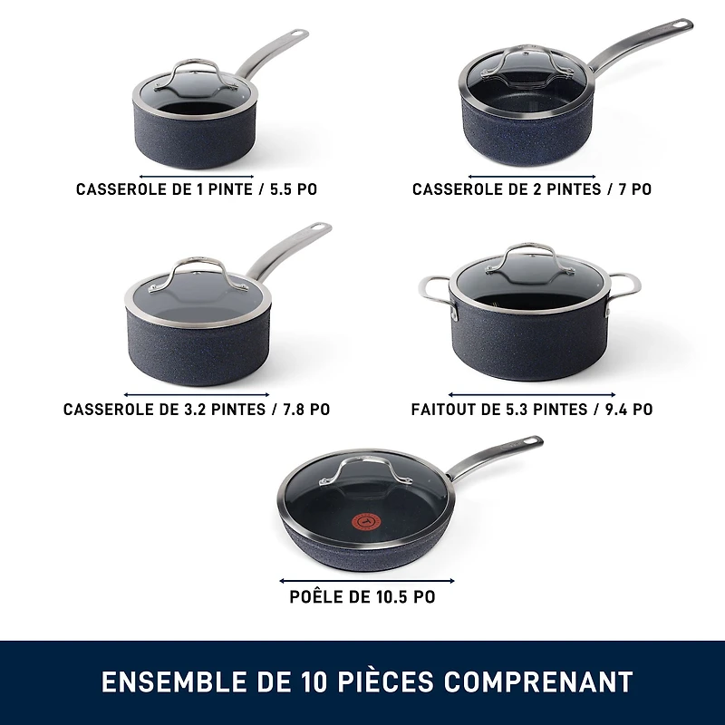 Ensemble T-fal Stone Shield de 10 pièces avec technologie DefenseShield™, fabrication en 6 couches, texture pierre robuste, à l’épreuve du lave-vaisselle et du four