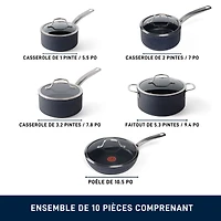 Ensemble T-fal Stone Shield de 10 pièces avec technologie DefenseShield™, fabrication en 6 couches, texture pierre robuste, à l’épreuve du lave-vaisselle et du four