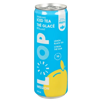 LOOP Mission Thé glacé pétillant, 10 calories et 1 g de sucre, Édulcoré à la stévia, Thé noir au citron, Jus de fruits revalorisés, 355 ml, 1 unité, Canette