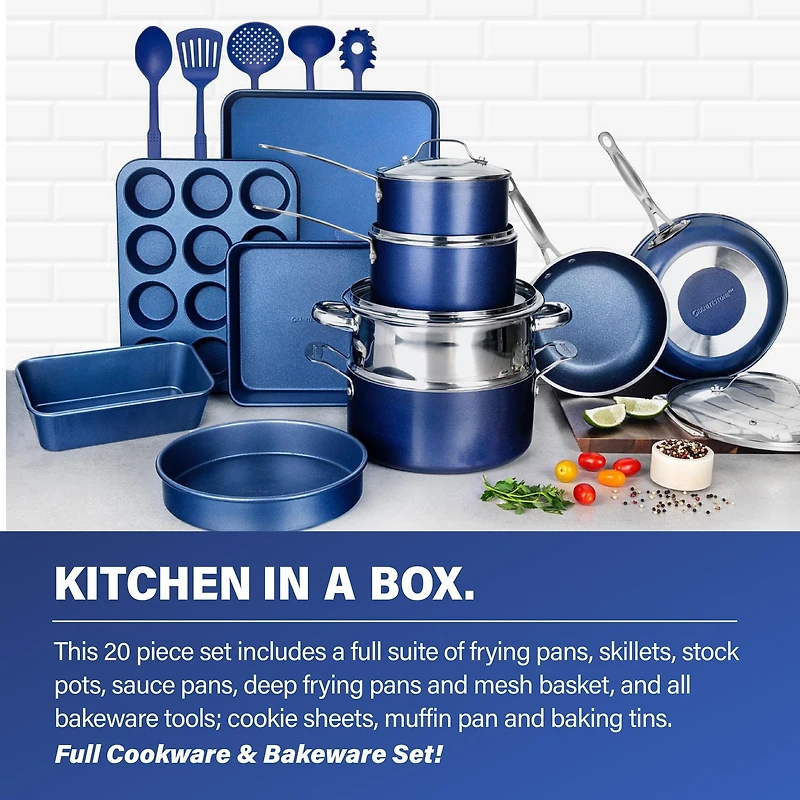 Granitestone Blue Complete Cookware & Bakeware Set Pots and Pans Set 20 Pcs