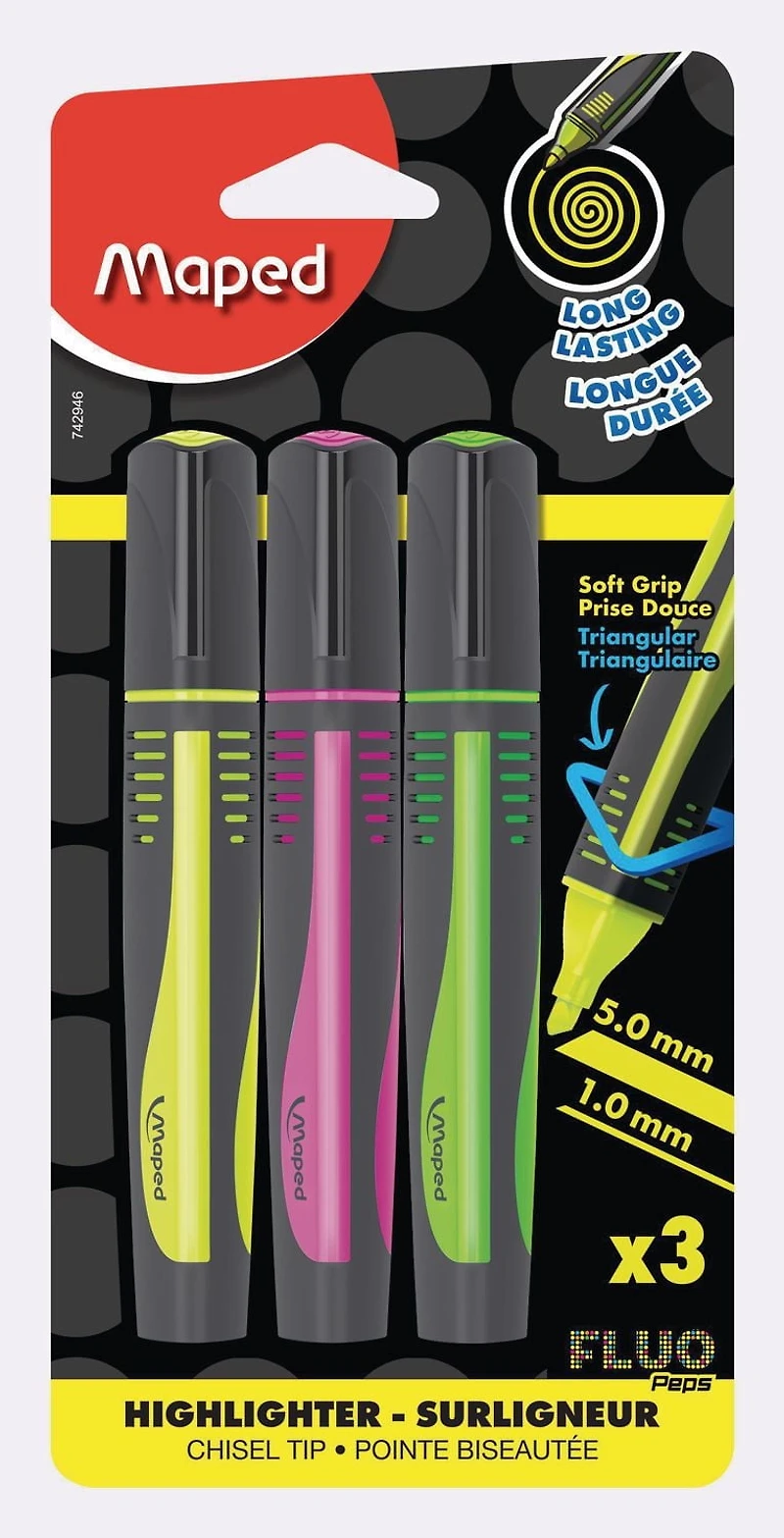 Maped Highlighter Fluo MAX x3 - Yellow / Pink / Green, x3-Triangular-Large