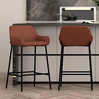 Contemporary Faux Leather & Metal 26" Counter Stool, PU, Set of 2 - Saddle & Black