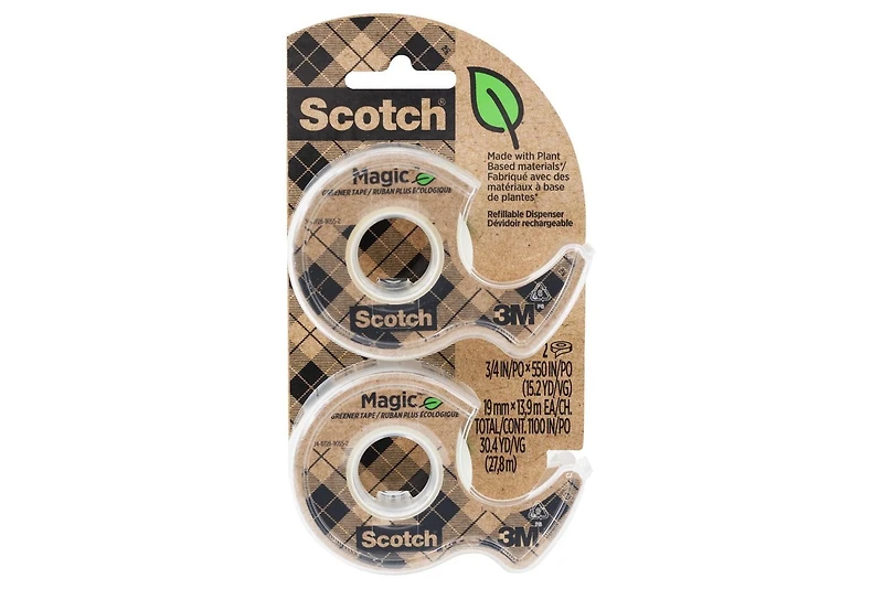 Ruban plus écologique 123DM-2-EF Magic(MC) Scotch®, 19 mm x 13,9 m (0,75 po x 550 po), avec dévidoir, 2 rouleaux/paquet Ruban plus écologique