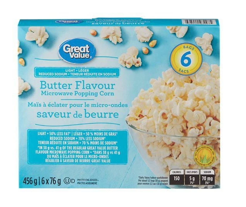 Great Value Reduced Sodium Light Butter Flavour Microwave Popcorn, 456 g (6 bags x 76 g)