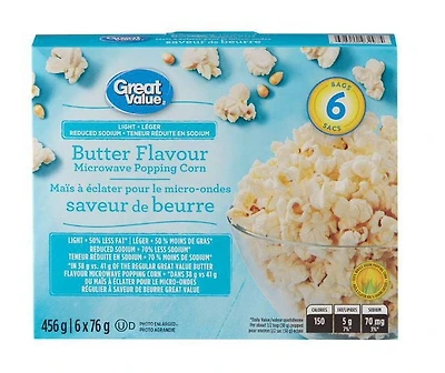 Great Value Reduced Sodium Light Butter Flavour Microwave Popcorn, 456 g (6 bags x 76 g)