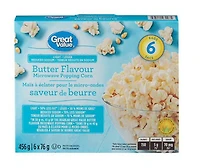Great Value Reduced Sodium Light Butter Flavour Microwave Popcorn, 456 g (6 bags x 76 g)