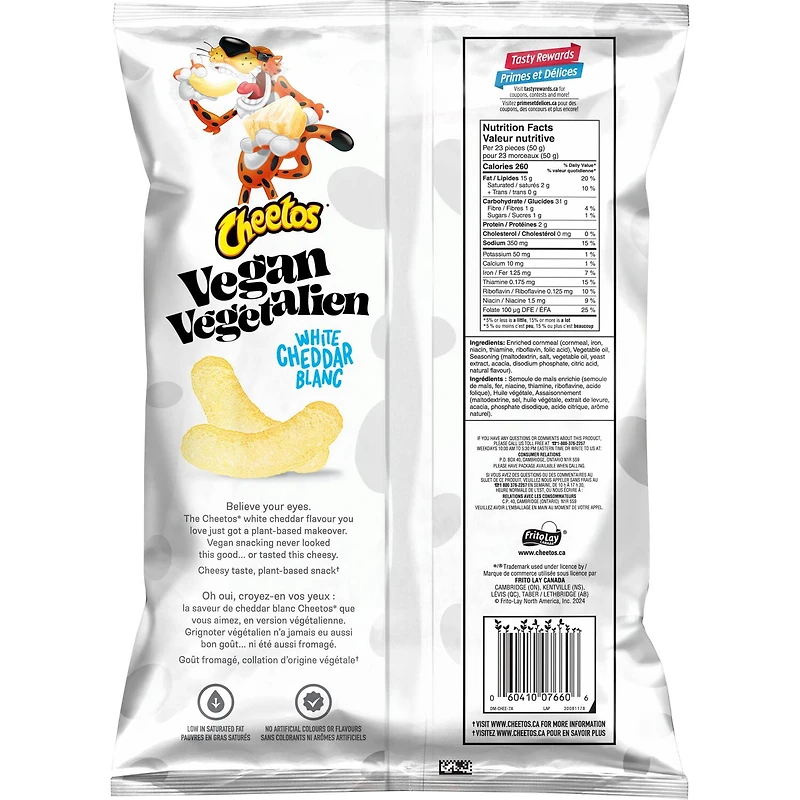 Cheetos Végétalien grignotines de maïs aromatisées Cheddar blanc, 230 g. 230 g.