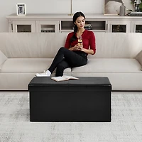 Homy Casa 2 Pack Folding Ottoman Chair with Storage, Black Faux Leather, Multipurpose Use