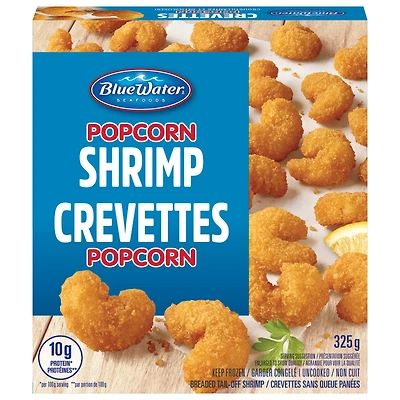 BlueWater Seafoods Popcorn Shrimp Whole, Tail-Off Shrimp, Breaded with Crunchy Panko Breadcrumbs, Frozen, 325 g Package, Crunchy panko breaded popcorn shrimp
