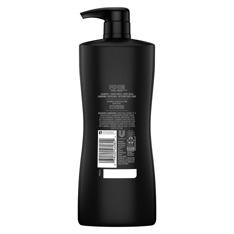 Axe Total Fresh 3-en-1 Shampooing, Revitalisant et Nettoyant Corporel