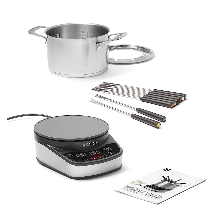 Ricardo Digital Electric Fondue Set, 11 Pieces, 3L (3.2Qt) Fondue Pot, Settings for Chineese Fondue, Cheese Fondue and Chocolate Fondue, 1200 Watts