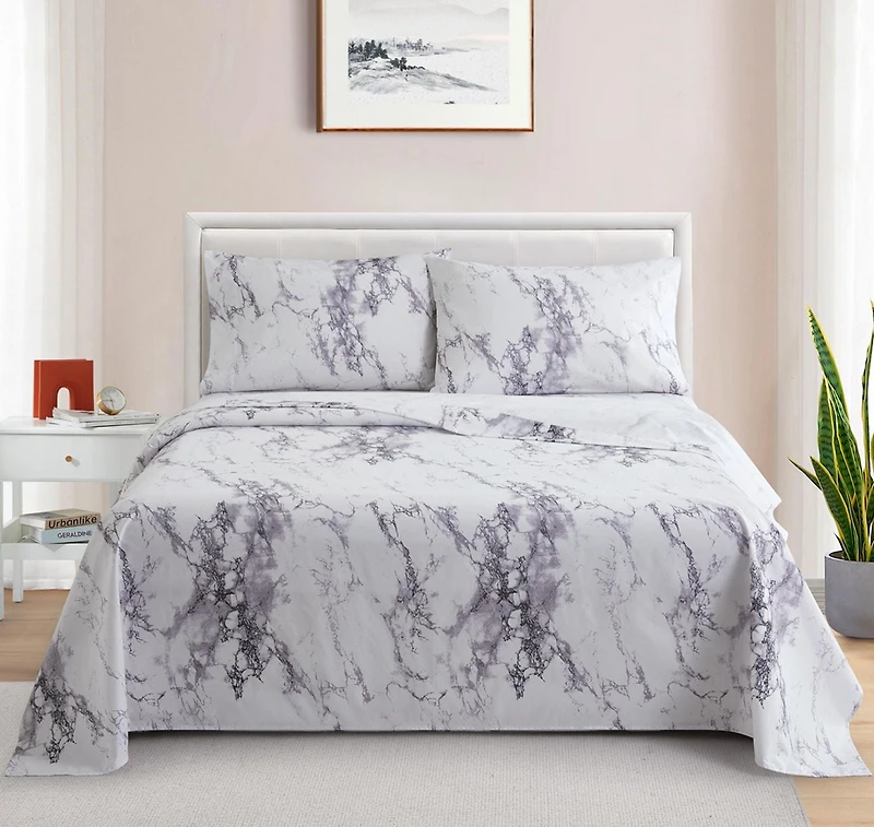 Marina Decoration Printed 600 Thread Count Soft Deep Pocket Hotel Standard Long Staple Cotton Blend Percale All Season Bedding Sheet Set, White Marble Pattern