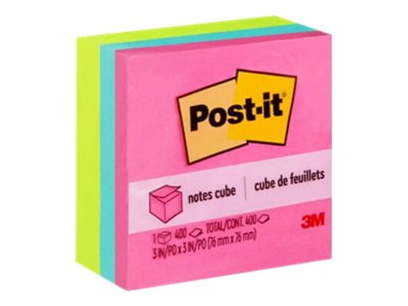 Cube de feuillets 2027-BRT Post-it®, couleurs vives, 76 mm x 76 mm (3 po x 3 po), 1 cube/paquet, 400 feuillets/cube