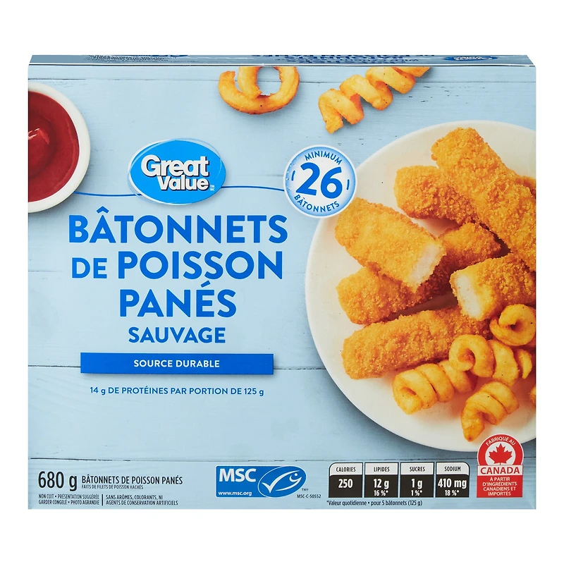 Bâtonnets de poisson panés Great Value 680g