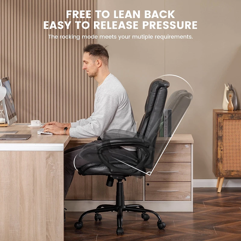 Chaise de bureau ergonomique à dossier haut en cuir Mainstays Executive, noire. Conçue pour les adultes, cette chaise est idéale pour les professionnels, les travailleurs à distance et les étudiants u