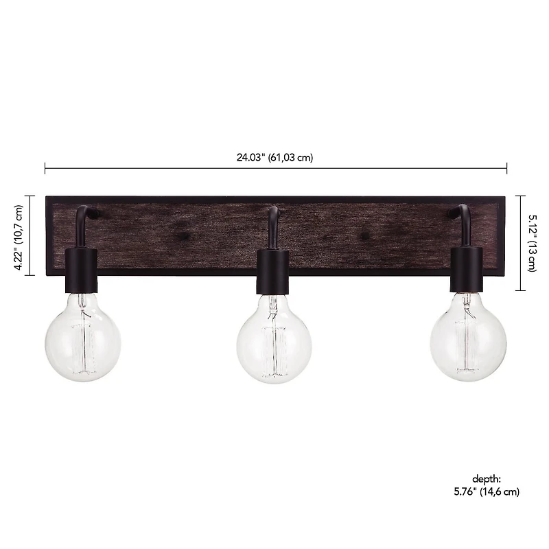 Ensemble de salle de bain tout-en-un de 5 pièces Auckland, noir, similibois, applique murale à 3 ampoules avec abat-jours en verre bullé, porte-serviette, anneau à serviette, crochet à peign