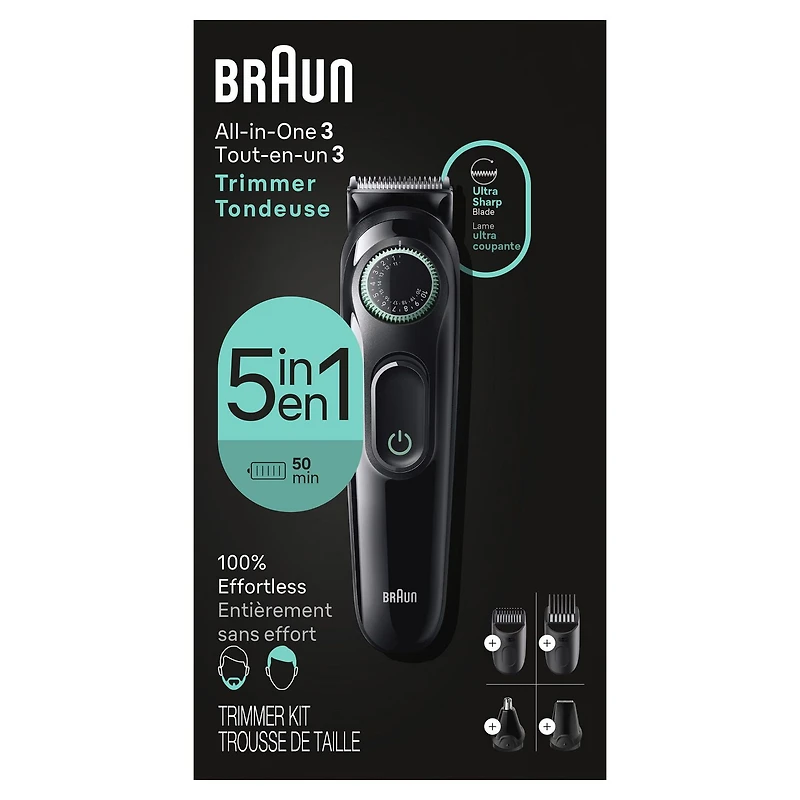 Kit tout-en-un Braun Series 3 3450, tondeuse pour hommes 6 en 1 avec tondeuse à barbe, pour le nez et les oreilles, tondeuse à cheveux et plus, lame ultra tranchante, 40 réglages de longueur, pile rec 1CT
