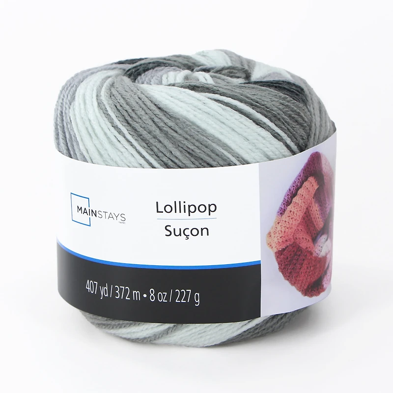 MAINSTAYS Lollipop Yarn – Black/White Variegated, #4 Medium Acrylic, 227 g/372 m