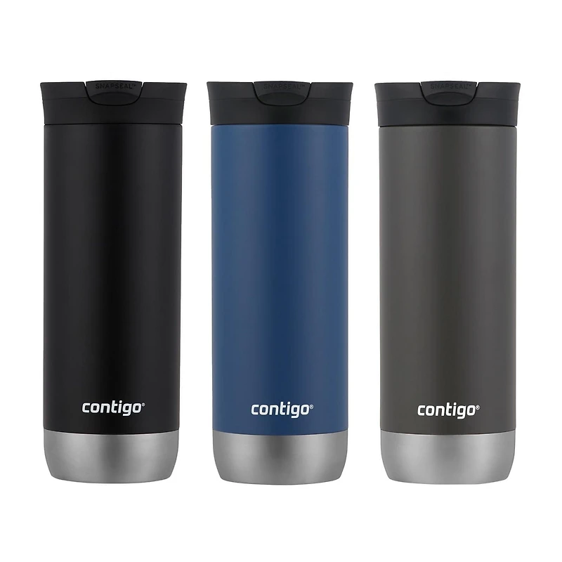 Tasse de voyage isotherme Contigo Huron 2.0, acier inoxydable, 591 mL (20 oz), couvercle SNAPSEAL, couleurs variées paquet de 3