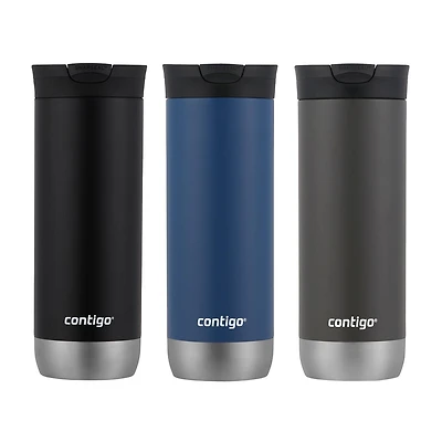 Tasse de voyage isotherme Contigo Huron 2.0, acier inoxydable, 591 mL (20 oz), couvercle SNAPSEAL, couleurs variées paquet de 3