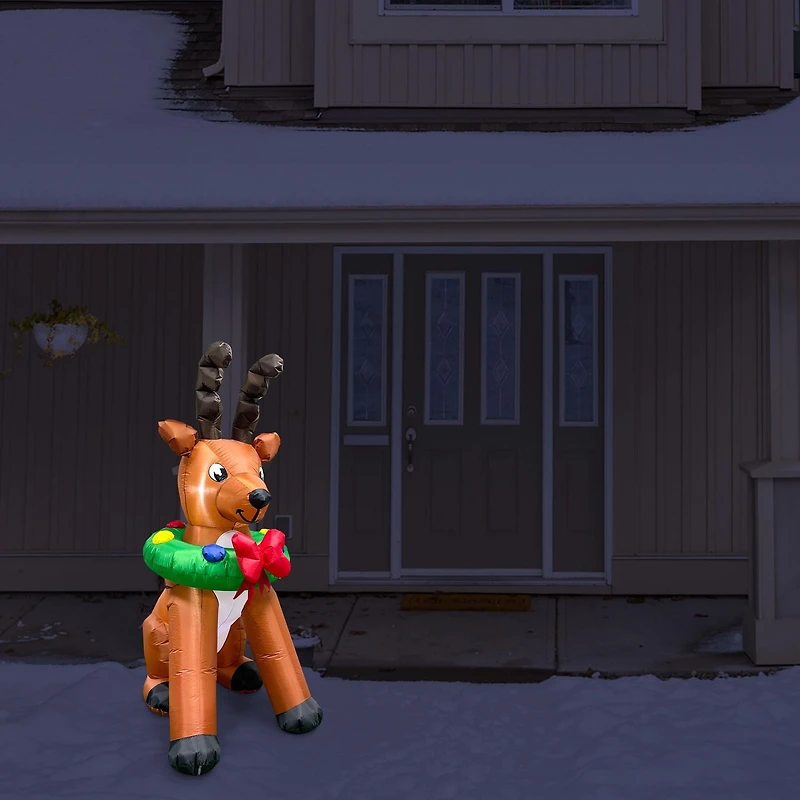 Inflatable led light up reindeer with wreath, brown/green 6 FT