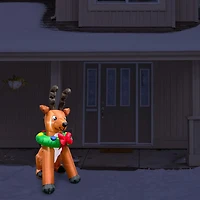 Inflatable led light up reindeer with wreath, brown/green 6 FT