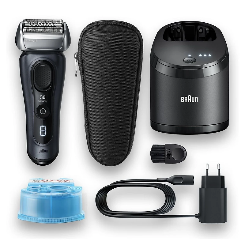 Rasoir électrique Braun Series 8 8453cc pour homme, tête 3+1 avec tondeuse de précision, rasoir électrique, technologie sonique et tête d’adaptation à 40°, centre SmartCare 5 en 1, utilisation sur pea