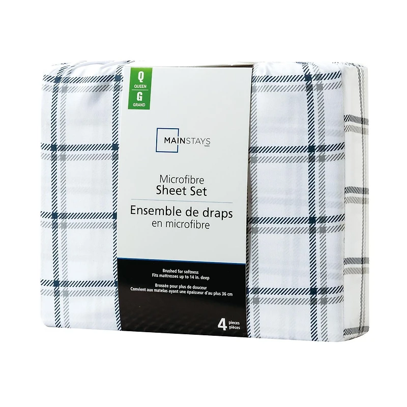 Ensemble de draps en microfibre doux et facile d'entretien Mainstays plaid à carreaux, grand lit - Rentrée des classes!