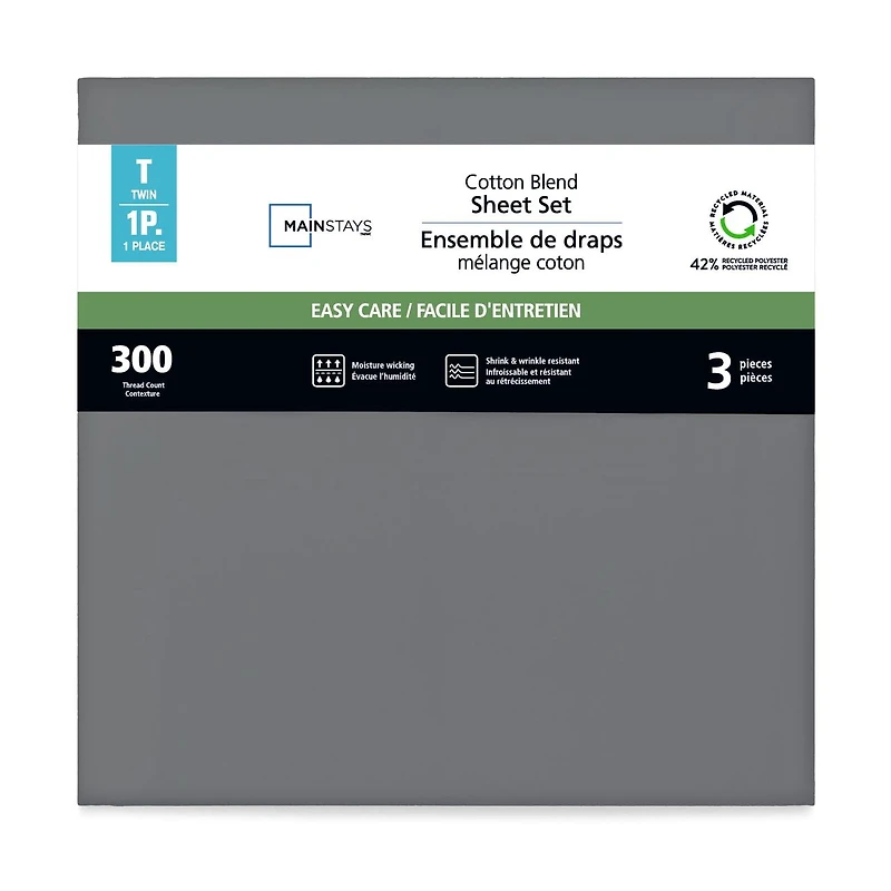 Mainstays 4-Piece 300 Thread Count Grey- CVC Cotton Blend Bed Sheet Set, Double (Adult), Double Sheet Set