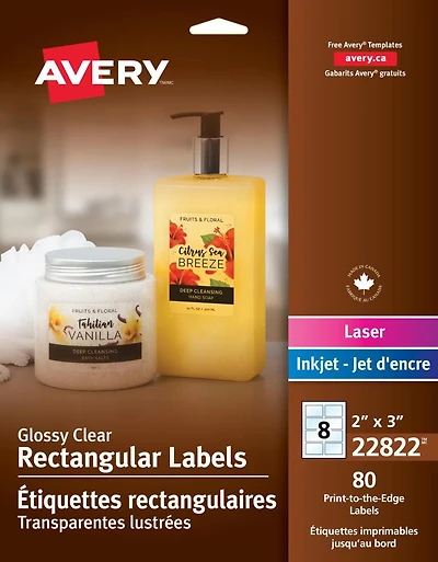Avery Étiquettes rectangulaires transparentes lustrées, 2" x 3", pour imprimantes laser et à jet d’encre - 22822
