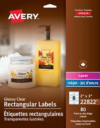 Avery Glossy Clear Rectangle Labels, 2" x 3", for Laser and Inkjet Printers - 22822