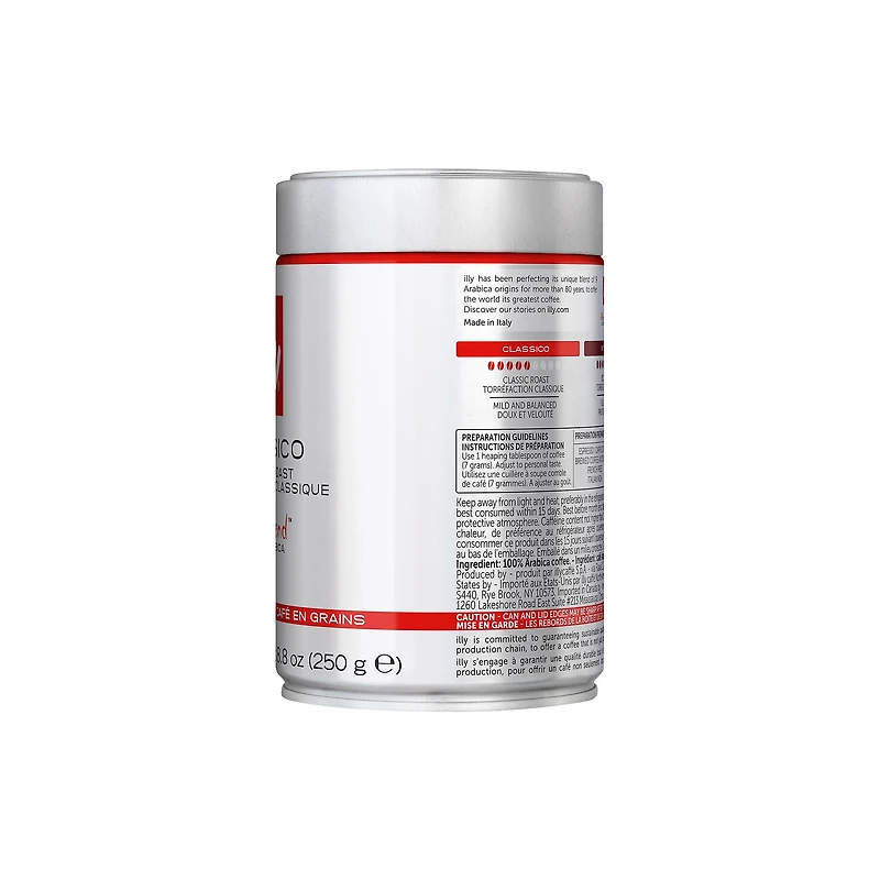 illy Coffee Beans Classico Medium Roast, 8.8 oz, • Unique pressurized coffee packaging preserves flavor • Sourced from the finest 100% Arabica coffee • Beautifully balanced and consistent taste