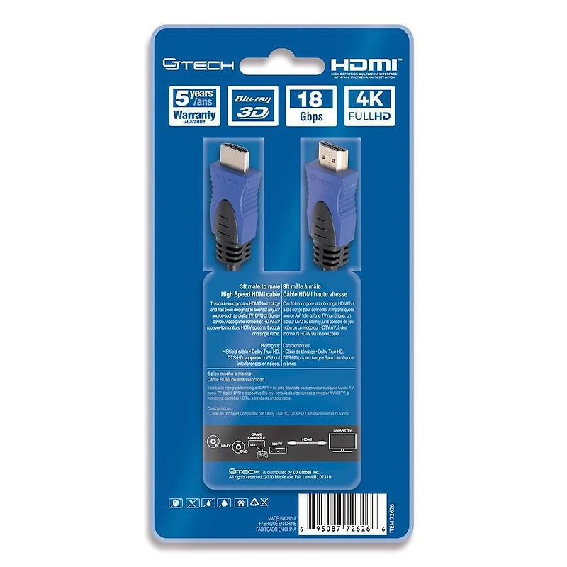 CJ Tech 4K 3D HDMI 2.0 Cable with Ethernet - 3ft