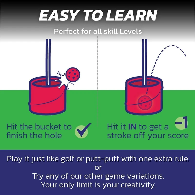 BucketGolf 6 Hole Course - The Ultimate Backyard Golf game for all levels, adults, kids, and families.  Play on vacation, park, beach, camping.