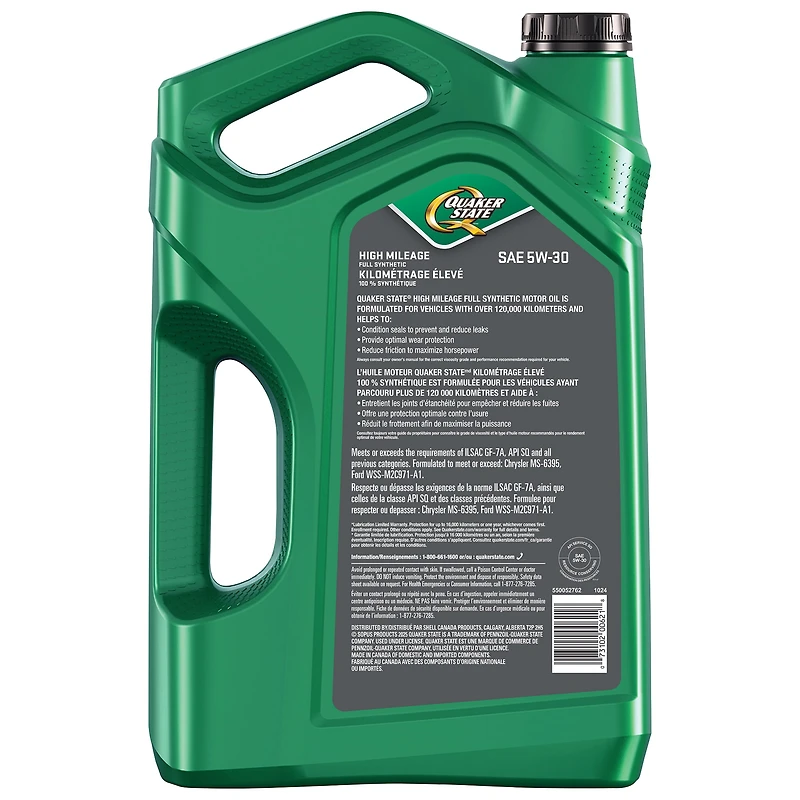 Huile moteur Quaker StateMD Kilométrage élevé 100 % synthétique SAE 5W-30