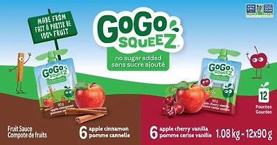 GoGo squeeZ Fruit Sauce Variety Pack, Apple Cinnamon, Apple Cherry Vanilla, No Sugar Added. 90g per pouch, Pack of 12, 1.08kg