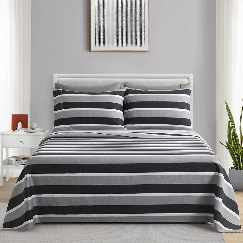 Marina Decoration Ultra Soft Silky Deep Pocket Rich Printed Bedding Rayon from Bamboo All Season Sheet Set with Pillowcases, Black Grey Stripes Pattern