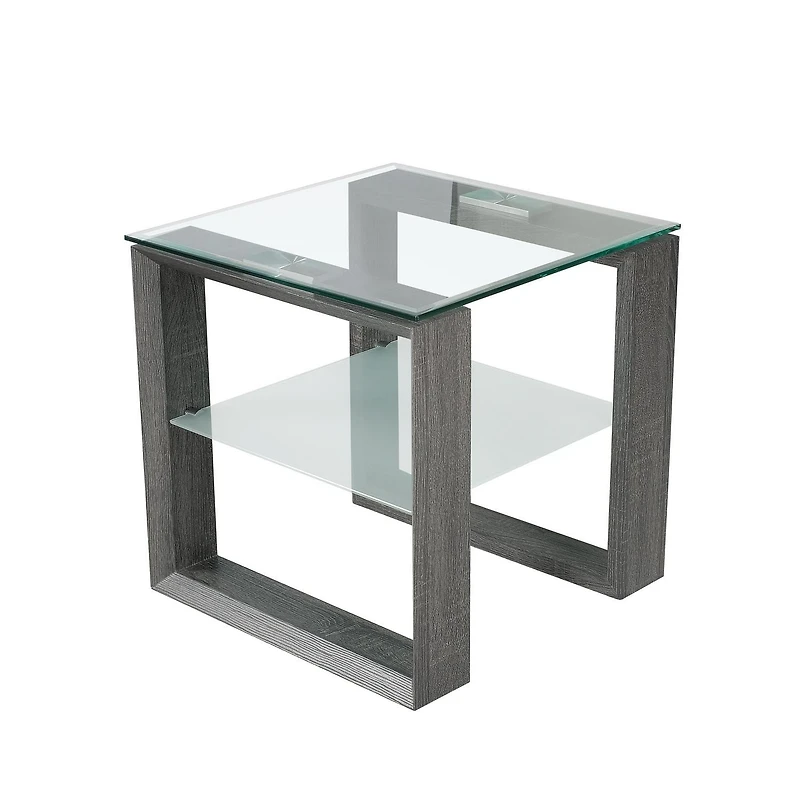 Caleb Grey Wood Side End Table with Glass Shelf