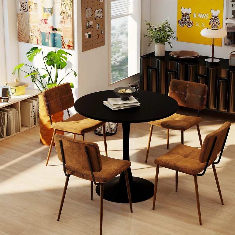 Homy Casa Compact Dining Set with Faux Suede Upholstered Chairs and Round Black Table, 5-Piece for Small Spaces
