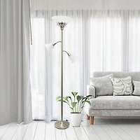 Lampe de sol élégante 3 lumières avec abat-jour en verre festonné, nickel brossé