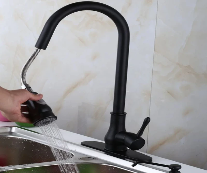 DROP Bath and Kitchen DR091024 Robinet d'évier de cuisine monotrou en laiton avec forme ronde en couleur noire