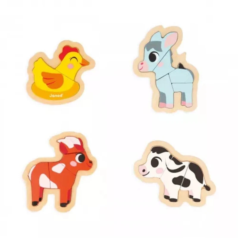 Janod 4 Wooden 2 to 5 Pieces-Farm Animal-Themed Puzzles-Children’s Toys-Educational Games-Early-Learning Toys-18 Months +