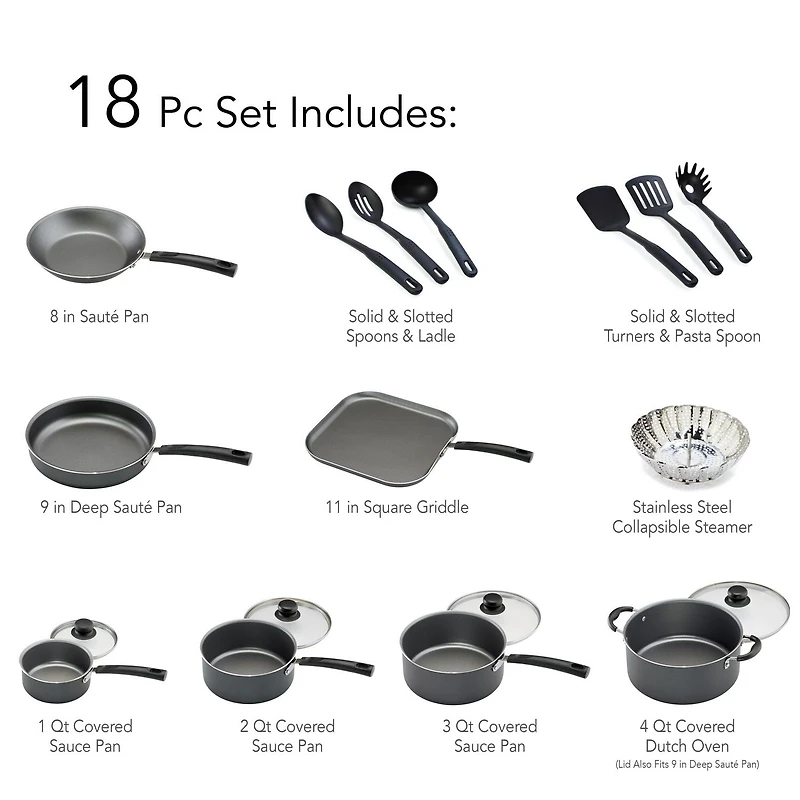 Tramontina PrimaWare 18 Pc Aluminum Nonstick Cookware Set – Steel Gray