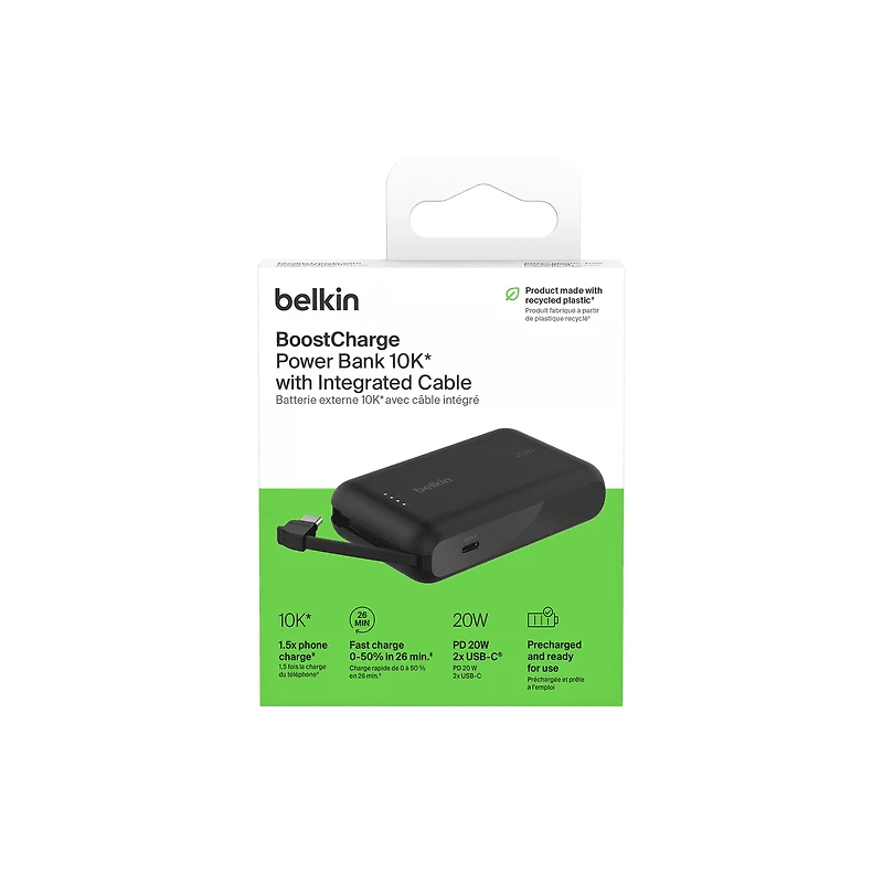 Belkin BoostCharge Portable Power Bank, 2.2in/5.7cm Integrated Cable 10,000mAh PD 20W Fast Charge USB-C Power Delivery, Portable iPhone Charger for iPhone 15 Series, iPad Pro, Galaxy S24 & More Black, BEL 10K 20W CABLE PWRBNK BLK