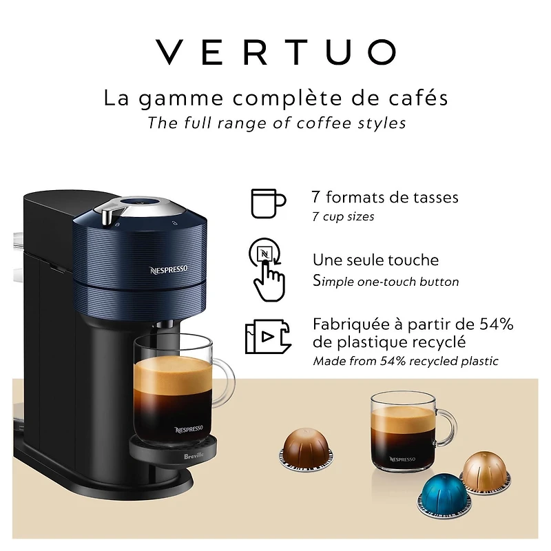 Machine à café et espresso Vertuo Next de Nespresso par Breville, Bleu Marine 7 formats de tasses
