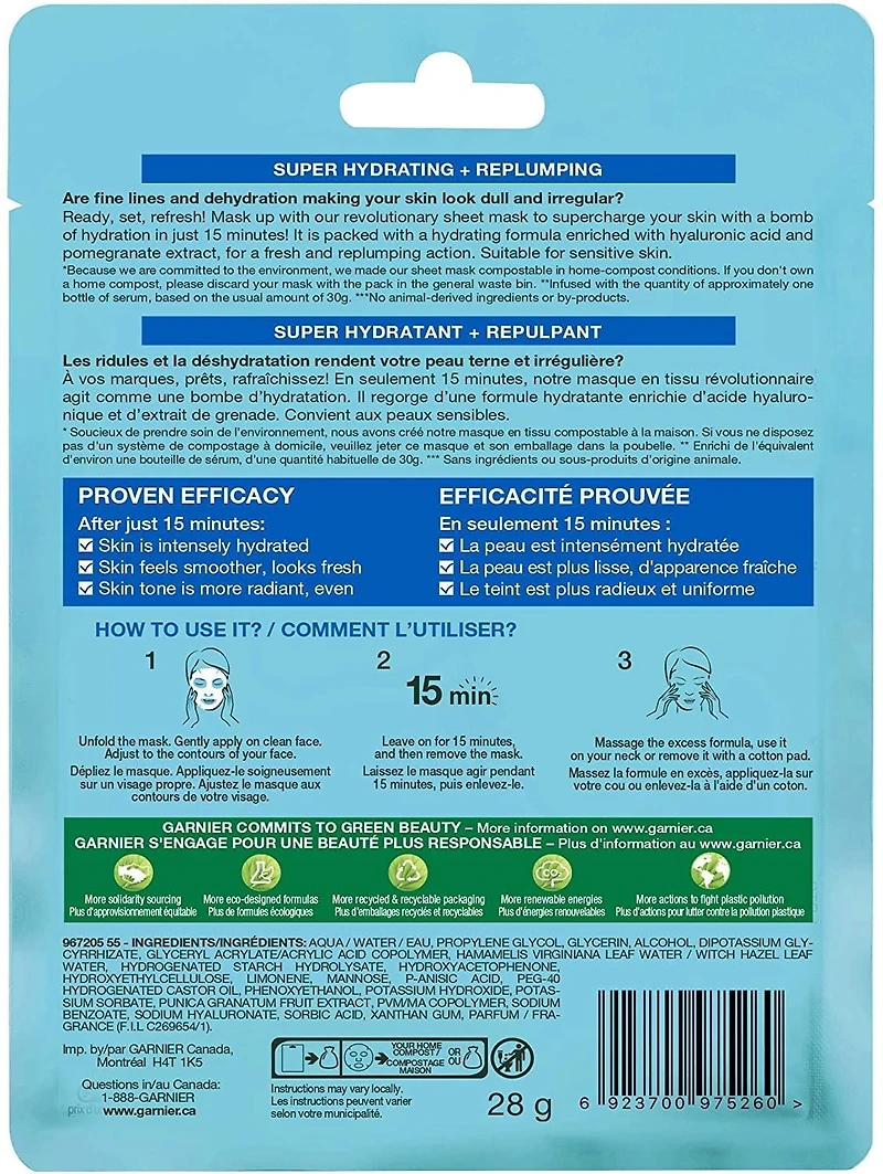 Garnier Moisture Bomb Face Mask, Super Hydrating Sheet Mask with Hyaluronic Acid and Pomegranate, SkinActive, 6 Pack